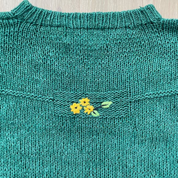 Vintage 90s Cabin Fever Sweater Women Large Hand Knitted Green Flowers Grandma - Picture 15 of 16